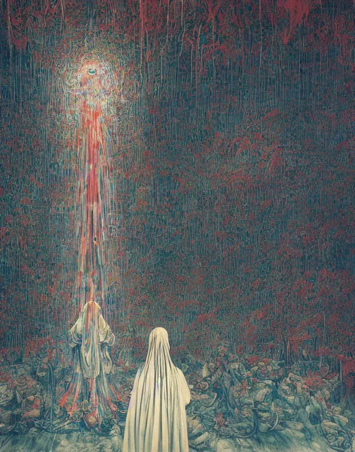 Image similar to worshippers in robes gather around the big glowing crystal, big glowing crystal radiating white light, interior, high detailed beksinski painting, part by adrian ghenie and gerhard richter. art by takato yamamoto. masterpiece, deep colours