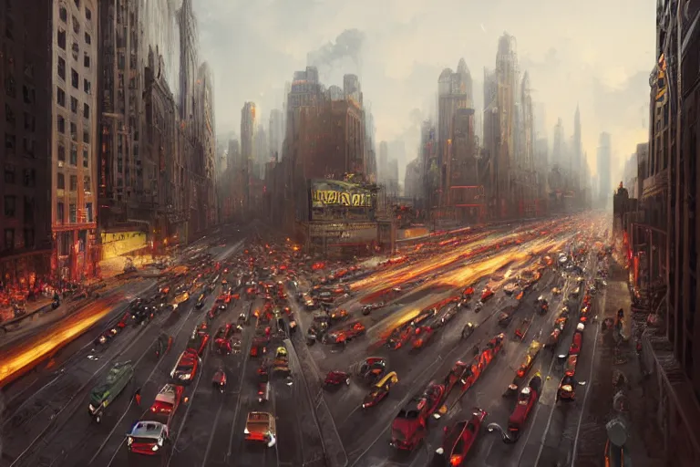 Prompt: beautiful matte painting of traffic jam on the streets of neo new york in evening by greg rutkowski, 4 k, extreme details, photorealism