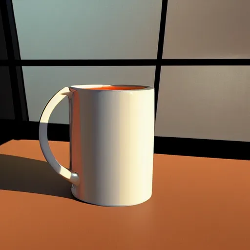 Prompt: White mug, hyperrealism, diffuse shadows, orange and blue diffuse shadows unreal engine 5 tech demo, zillow interior, cool tint, vivid colors, metallic reflective, octane render, Frank Lloyd Wright ((Studio Ghibli))