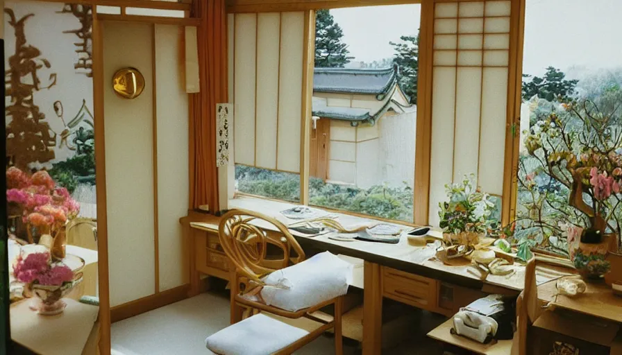 Image similar to 1 9 9 0 s candid 3 5 mm photo of a beautiful day in the a dreamy japanese flowery cottage designed by gucci, cinematic lighting, cinematic look, golden hour, a desk for flower arrangements and journaling has sun shinning on it through a window, temple in the distance, photographed by petra collins, uhd