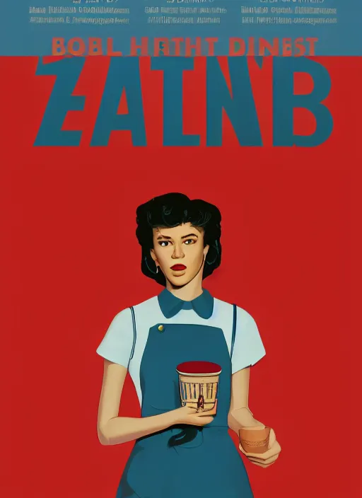 Prompt: poster artwork by Michael Whelan, Bob Larkin and Tomer Hanuka, of portrait of Zendaya wearing light blue diner waitress dress, from scene from Twin Peaks, simple illustration, domestic, nostalgic, from scene from Twin Peaks, clean