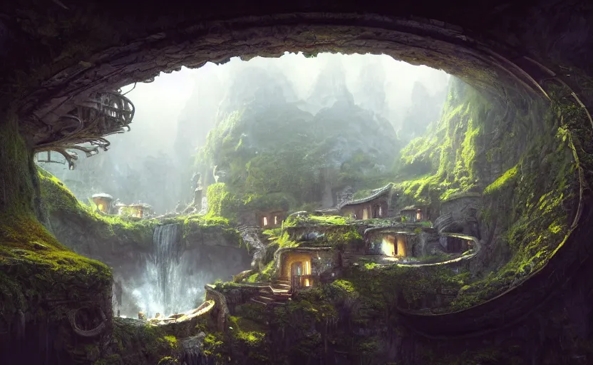 Prompt: worm's eye view of cylindrical living quarters carved inside a mountain, above lush garden and hot spring, well maintained, well lived, fantasy genre, natural light, fantasy, natural light, sharp focus, concept art, by greg rutkowski and craig mullins, cozy atmospheric and cinematic lighting, trending on artstation