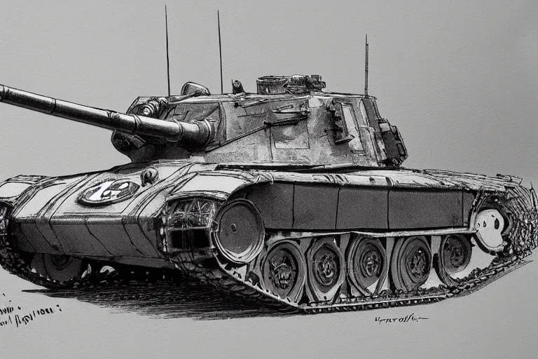 Image similar to vickers cruiser tank mk 1, cannon firing, artist's impression, black and white pen drawing, fine details, wartime art