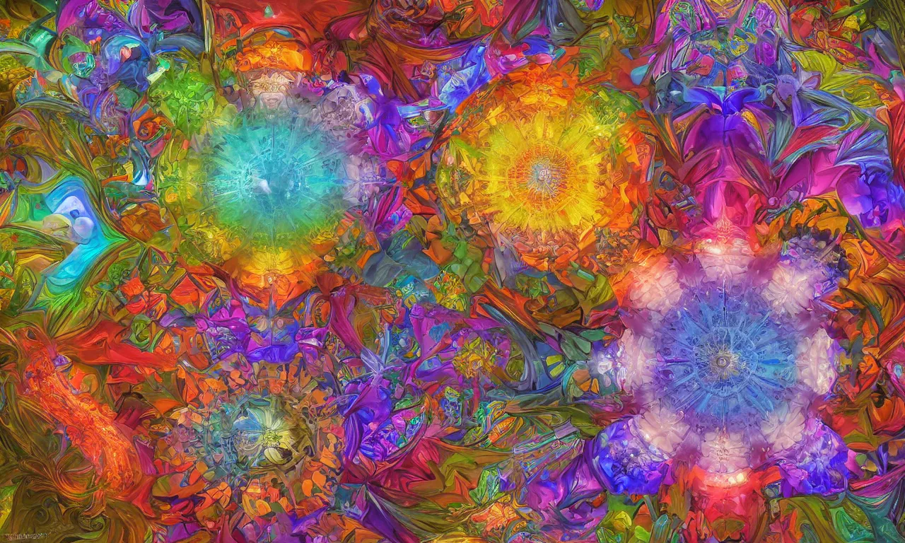 Image similar to voronoi engine laboratory 3 d volume kaleidoscope mandala fractal chakra digital multicolor stylized concept substance by artgerm, rossdraws, norman rockwell, magali villeneuve, gil elvgren, alberto vargas, earl moran, enoch bolles radiating a glowing aura global illumination ray tracing hdr