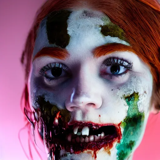 Image similar to close up portrait photo of a real beauty redhead zombie, 8k,