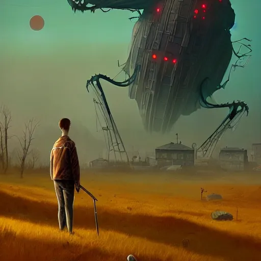 Image similar to giant creature lurking over a cowering smaller creature, in the foreground a small town, epic science fiction horror digital matte painting by Simon Stalenhag and Mark Brooks, extremely detailed, artstation