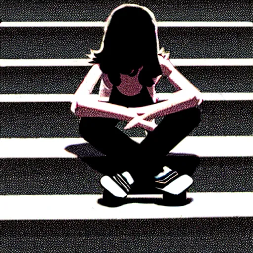 Prompt: skater girl sitting on steps by scott pilgrim, by bryan lee o'malley