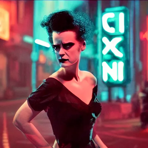 Image similar to noir cinematic portrait of bride of frankenstein as a replicant in a busy street at night, sleepy, frightened and angry, still from the movie ex machina, a neon sign is in the background