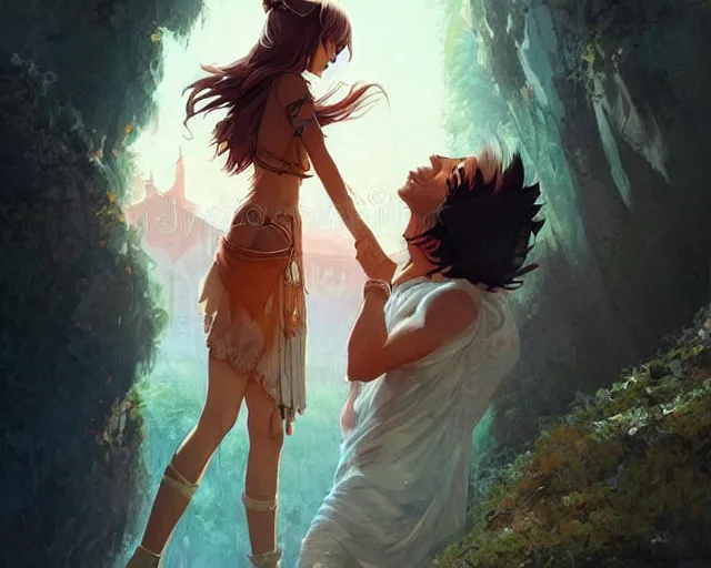 Image similar to a cinematic boy girl traditional romance moment, exploring the caves boho clothing, full body illustration, bestselling movie art poster, official media, 1970s fashion, dynamic lighting official anime media, incredible art by artgerm and greg rutkowski