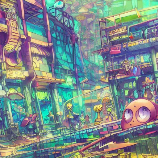 Image similar to anime background of an undersea slums shopping district built from various sea shells and corals, seaweed, light prisms, light diffraction, steampunk, cyberpunk, cool colors, caustics, anime, vhs distortion, inspired by splatoon by nintendo, art created by miyazaki studio ghibli