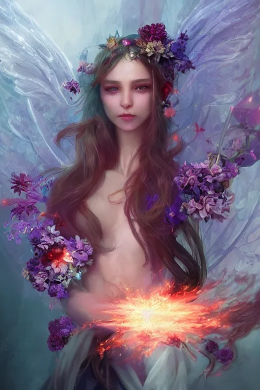 Prompt: beautiful girl necromancer, magical fairy exploding into flowers, angels, 3 d render, hyper - realistic detailed portrait, holding fire and electricity rainbow, ruan jia, wlop. scifi, fantasy, magic the gathering, hyper detailed, octane render, concept art, peter mohrbacher