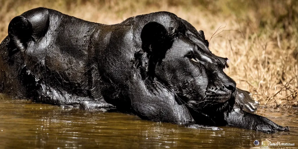 Prompt: a black lioness, made of black goo, bathing inside the lake of black goo, full of goo, covered with black goo. dslr, photography, realism, animal photography, color, savanna, wildlife photography, black goo