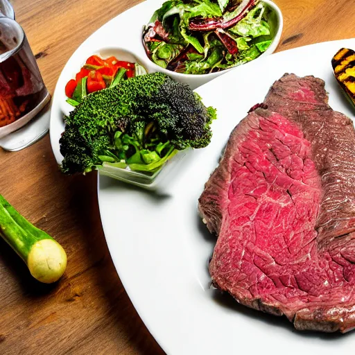 Image similar to photo of a lavish and exquisite dinner, including a large seasoned steak with a salad, with a grilled and a seasoned vegetable medley on the side, mouthwatering, studio advertising photography, f/1.8 32mm HDR