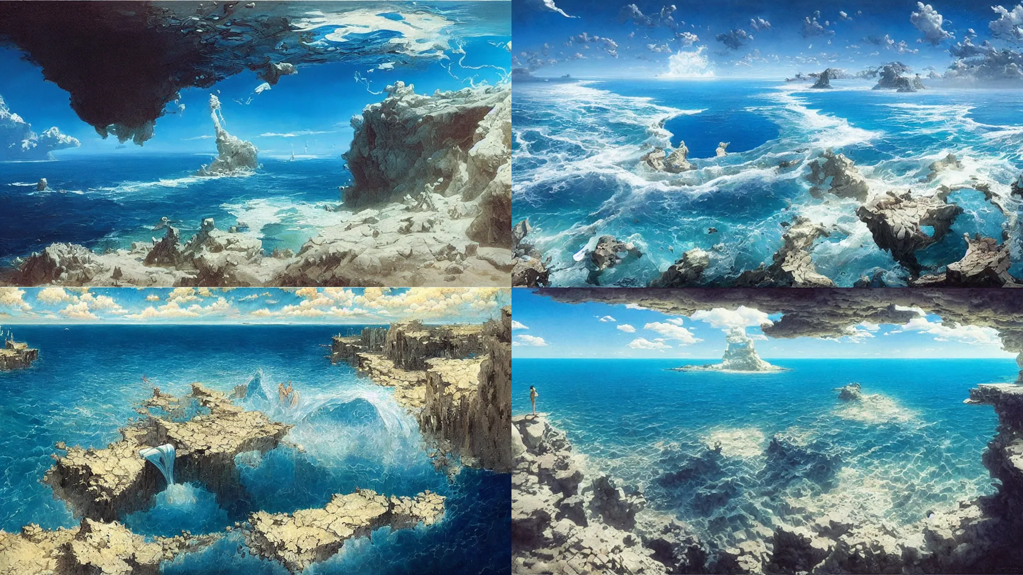 Prompt: clear blue ocean waters splitting apart to reveal ocean floor, dreamlike surrealism, dream recording, 4 k, award - winning, painting by salvador dali, greg rutkowski, studio ghibli