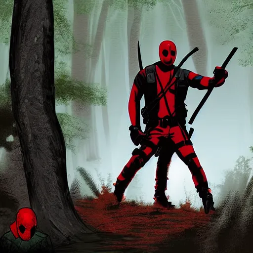 Image similar to jason voorhees fighting with deadpool in the woods digital art 4 k detailed super realistic