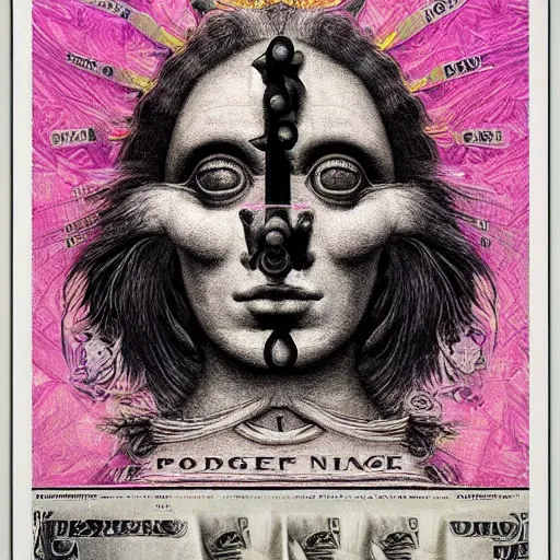 Prompt: post - punk new age album cover, asymmetrical design, in a frame, dollar bank notes, capitalism, magic, apocalypse, psychedelic, black white pink, magic, giger h. r., giuseppe arcimboldo