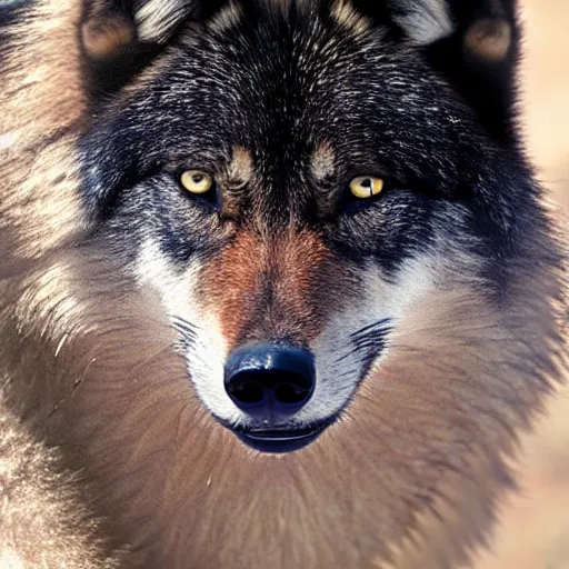 Image similar to black wolf in an australian desert, gold colored eyes, 4 0 0 mm photograph