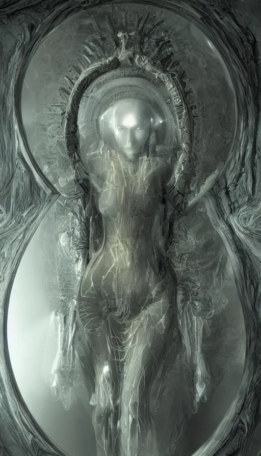 Prompt: goddess of illusion, beautiful, stunning, breathtaking, mirrors, glass, magic circle, magic doorway, fantasy, mist, bioluminescence, hyper - realistic, unreal engine, by hr giger