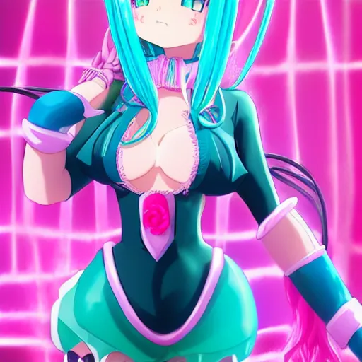 Image similar to stunningly beautiful omnipotent megalomaniacal anime goddess with porcelain skin, pink twintail hair and mesmerizing cyan eyes, symmetrical perfect face smiling in a mischievous, devious and haughty way while looking down upon the viewer, mid view, hyperdetailed, 2 d, 8 k