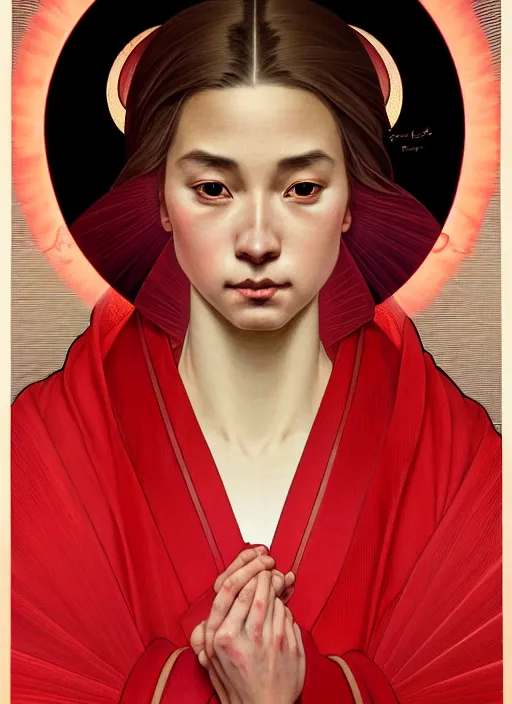 Image similar to symmetry!! portrait of terrence boyd as a saint in a red kimono with an halo, face close - up, intricate, elegant, highly detailed, digital painting, artstation, concept art, smooth, sharp focus, illustration, art by artgerm and greg rutkowski and alphonse mucha
