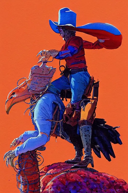 Image similar to cowboy sitting on giant emu bird with backpack, scifi, art by jean giraud, moebius, juan gimenez, greg manchess, in watercolor gouache detailed paintings, in style of syd mead, colorful comics style, artstation