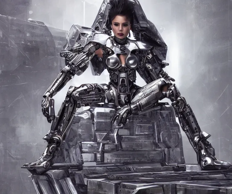 Image similar to majestic cyborg princess sitting on a metal throne in a futuristic castle, cyberpunk, highly detailed, sharp lines