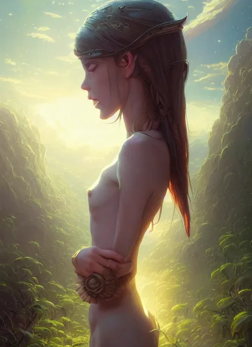 Image similar to highly detailed portrait of an alien girl, stephen bliss, unreal engine, fantasy art by greg rutkowski, loish, rhads, ferdinand knab, makoto shinkai and lois van baarle, ilya kuvshinov, rossdraws, tom bagshaw, alphonse mucha, global illumination, radiant light, detailed and intricate environment