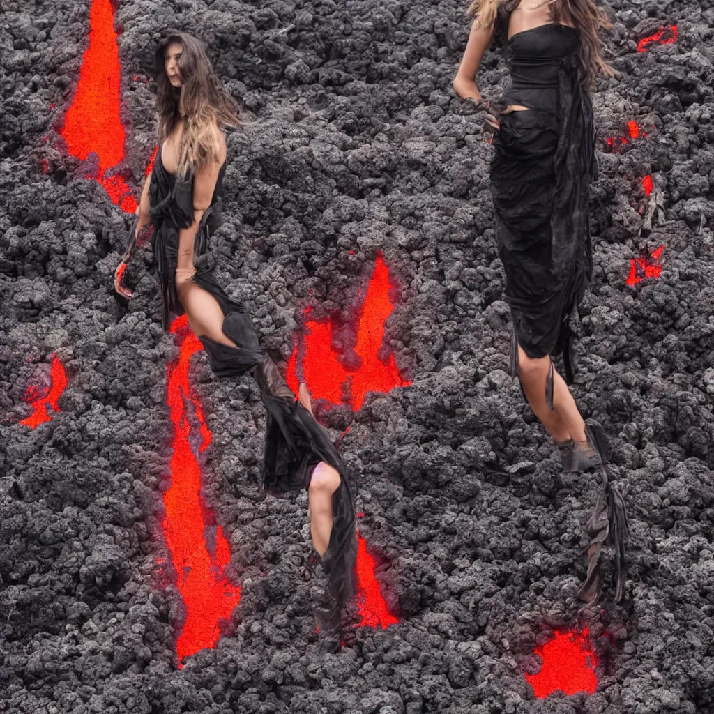 Image similar to fashion portrait in volcano lava eruption.