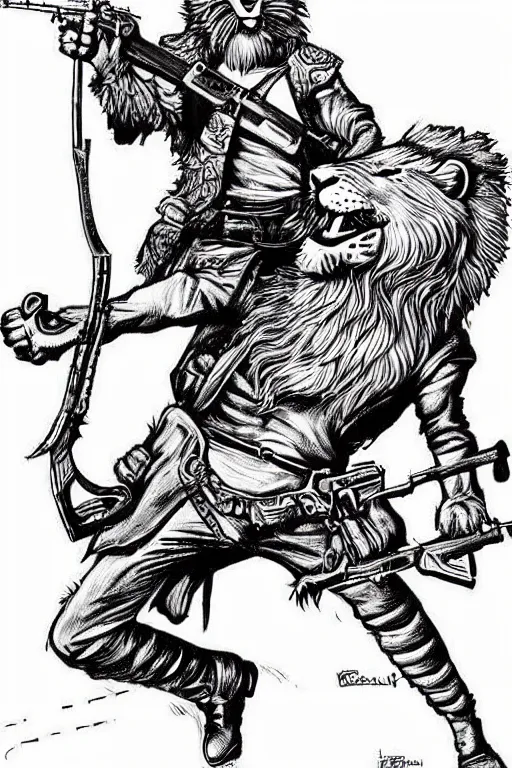 Image similar to lion and an armed hunter, art style ben garrison!!!!!!!!!!!!!!!! drawn by ben garrison, iconic, masterpiece, ornate and detailed, cartoon