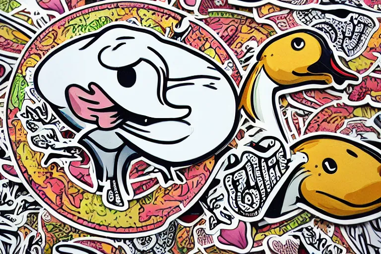 Prompt: a sticker illustration of a smoking duck in lowbrow art style, highly detailed, elegant, intricate