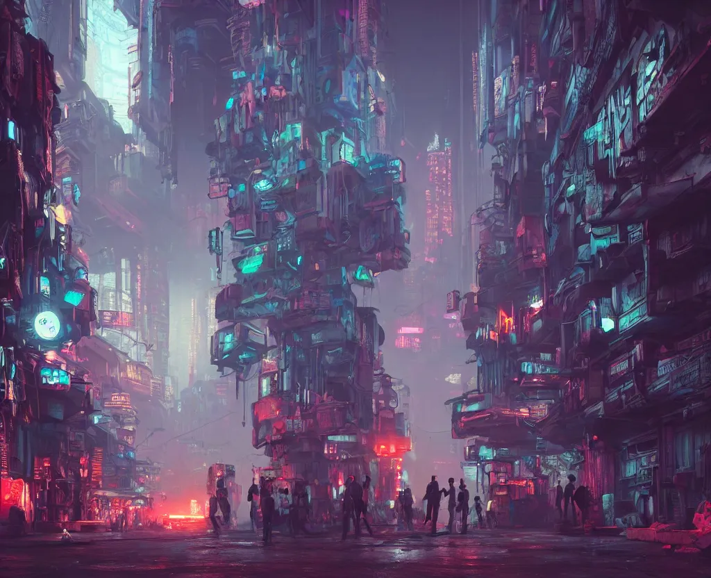 Image similar to close wide angle shot of a matte painting environment design of dystopian cyberpunk alley with neon lights, people on the streets being monitored by flying drones, artstation, design by dreadjim, eddie mendoza, james paick, ultra realistic, volumetric lighting, 4k, octane render