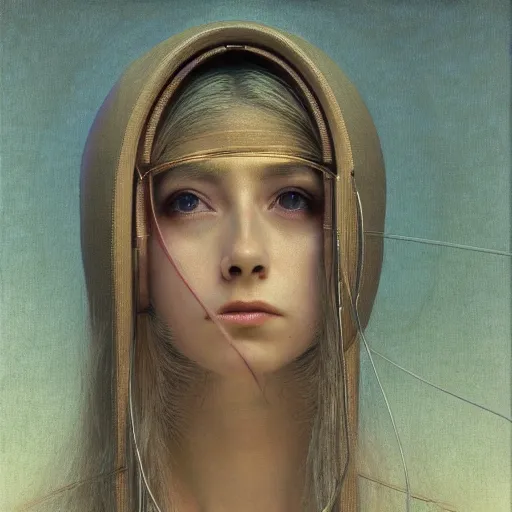 Image similar to Woman masterpiece, portrait, Avril Lavigne, pink, golden halo behind her head, wires, lines, by Edgar Maxence and Ross Tran, Zdzisław Beksiński, and Michael Whelan, distant, gustav dore, H.R. Giger, 8k, octane render