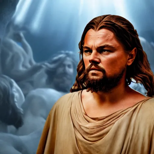 Image similar to stunning awe inspiring leonardo dicaprio as jesus christ, movie still 8 k hdr atmospheric lighting