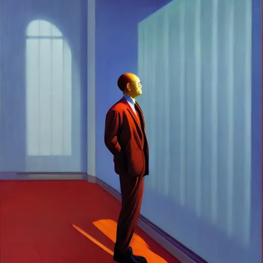 Prompt: Portrait of a man wearing a business day dreaming, very coherent, painted by Edward Hopper, Wayne Barlowe, painted by James Gilleard, airbrush, art by JamesJean