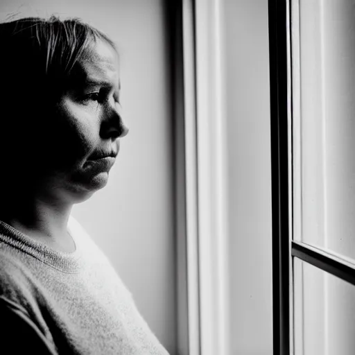 Prompt: black and white photograph portrait of a depressed 35 years old woman standing by the window, natural light, lomo, film grain, soft vignette, sigma 85mm f/1.4 1/10 sec shutter