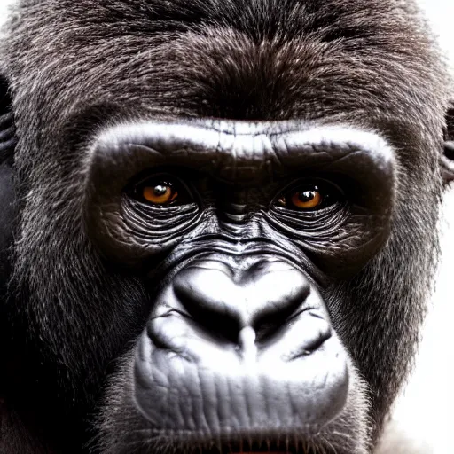 Prompt: portrait photo of a charismatic curious silverback gorilla looking into the camera, indoors, f 1. 4, golden ratio, rim light, top light, overcast day