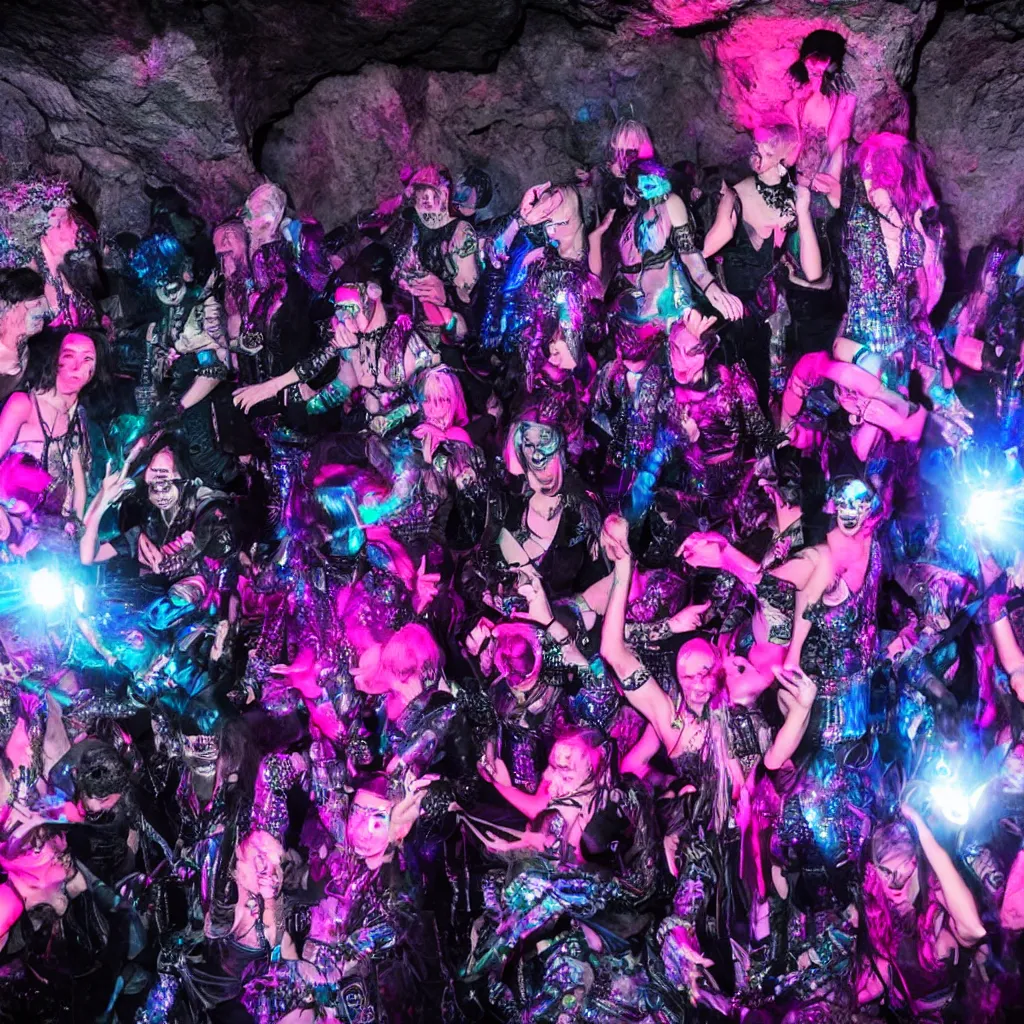 Image similar to goth disco in a cave with holographic knives!!! with pink lasers and blue crystals, brutal weapons!!! swords!!! goth people dancing, dark evil ritual, 8 k photograph