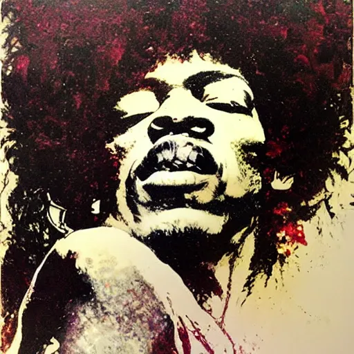 Prompt: Jimy Hendrix playing by Bill Sienkiewicz and Caravaggio