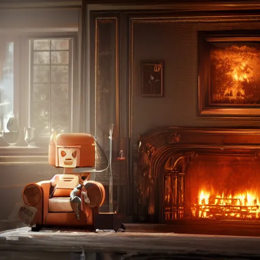 Image similar to Lonely and depressed complex robot monster sitting on a couch in front of a large fireplace in a Victorian home in the future. octane render, extremely detailed, 10000K color temperature cinematic lighting, 8k, lens flare, cinematic movie photograph, closeup portrait, trending on artstation, cgsociety, award-winning art, excellent composition, by Andree Wallins.