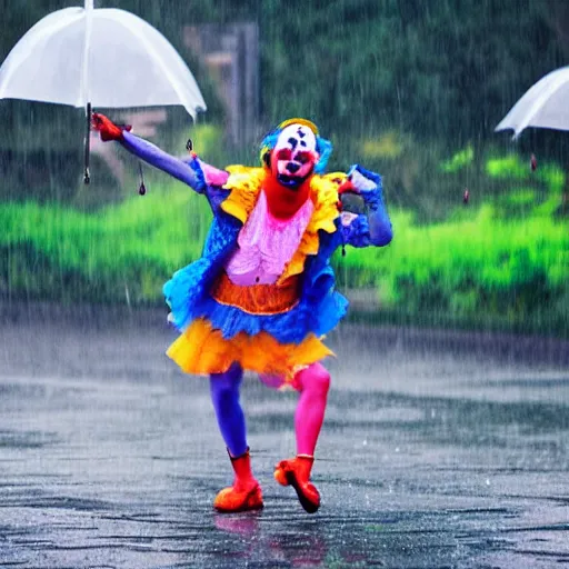 Prompt: clown dAncing with a frog in the rain