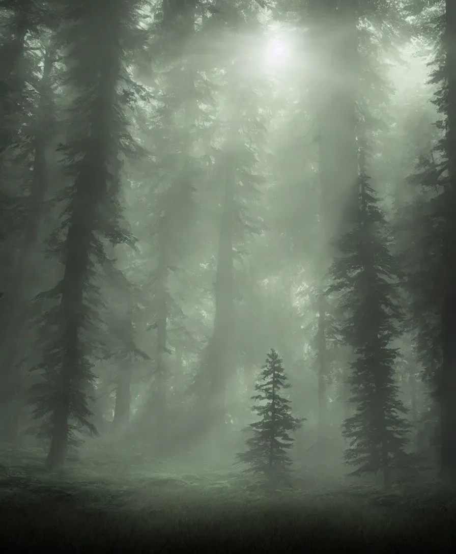 Prompt: dark forest mysterious creepy mist fog haze sunbeam matte painting concept art hyperreal ue5 unreal bob ross