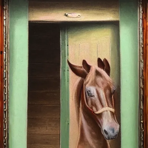 Prompt: a pastel painting of a horse standing at the doorway of a barn