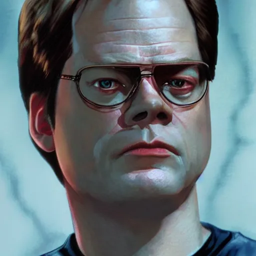 Image similar to Dwight schrute in the terminator, Photorealistic, rim lighting, heavy shadow