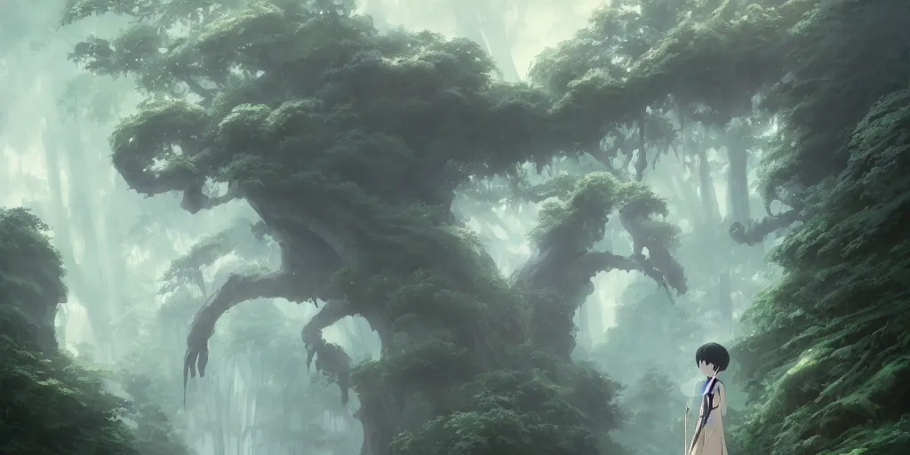 Image similar to a film still portrait of an ominous spirit, finely detailed features,, perfect art, an ancient primordial rainforest trending on pixiv fanbox, painted by greg rutkowski makoto shinkai takashi takeuchi studio ghibli