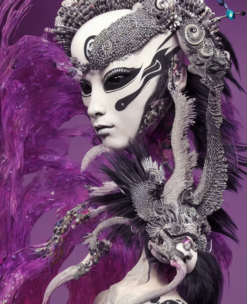 Image similar to 3 d goddess close - up profile portrait punk with mohawk with ram skull. beautiful intricately detailed japanese crow kitsune mask and clasical japanese kimono. betta fish, jellyfish phoenix, bio luminescent, plasma, ice, water, wind, creature, artwork by tooth wu and wlop and beeple and greg rutkowski