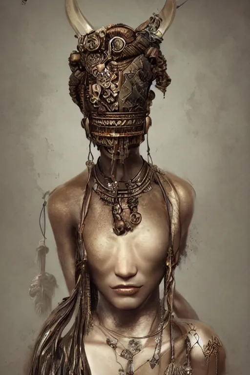 Prompt: a woman wearing a headdress and a necklace, a bronze sculpture by Bastien Lecouffe-Deharme, trending on cgsociety, afrofuturism, zbrush, daz3d, detailed painting