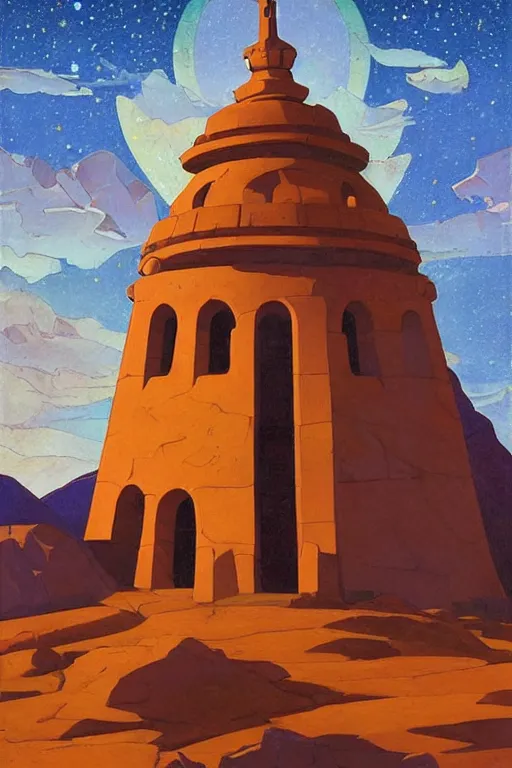 Prompt: glorious painted belltower of the sun and the lost stars, by Sylvain Sarrailh and Nicholas Roerich, dramatic cinematic lighting , beautiful colorful tilework, ornate architecture, smooth, sharp focus, extremely detailed