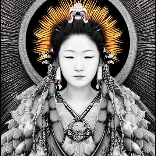 Image similar to hyper realistic portrait photo of ameterasu the sun goddess of japan, portrait shot, intricate detail