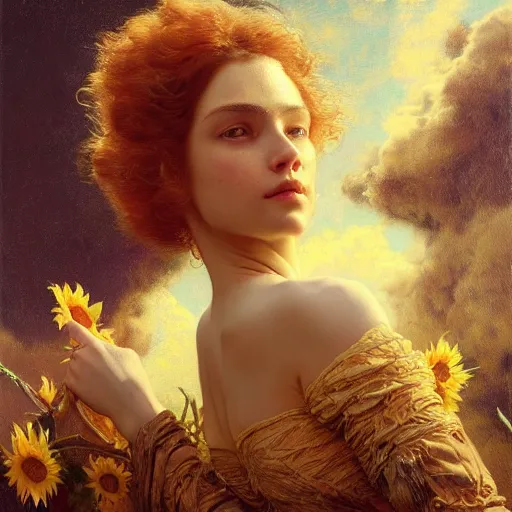 Image similar to highly detailed oil painting | very intricate | cinematic lighting | award - winning | the sunflower field | by roberto ferri, by tom bagshaw, by j. c. leyendecker and klimt, beautiful cinematic light, american romanticism, by austin osman spare, artstation, cgsociety, official art, octane