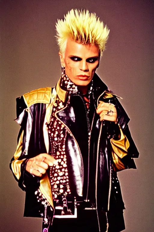 Image similar to portrait billy idol dressed in 1 9 8 1 space fantasy fashion, new wave, psychedelia, shiny metal, standing in a desert